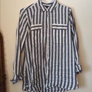 J.Crew navy/white stripe linen button up. 4 Tall
